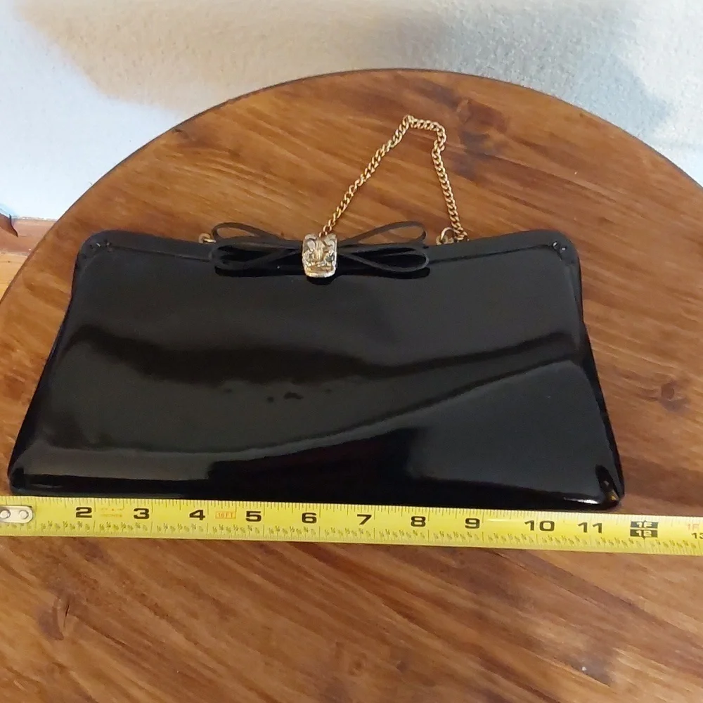 Vintage Black VINYL RETRO Bow Clutch evening bag Gold strap Sleek elegant